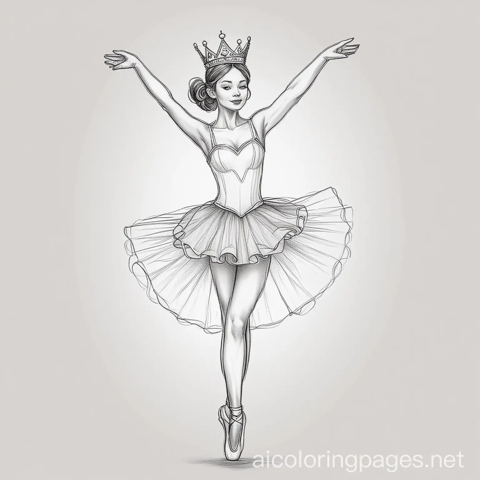 ballerina wearing a tutu and a crown with a heart on it doing a twirling jump with her feet crossed and her arms above her head, Coloring Page, black and white, line art, white background, Simplicity, Ample White Space. The background of the coloring page is plain white to make it easy for young children to color within the lines. The outlines of all the subjects are easy to distinguish, making it simple for kids to color without too much difficulty