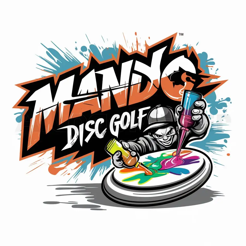 a logo design,with the text: Mando disc golf, main symbol:Deep bright splashy colors, edgy and cool graffiti style text, a graffiti artist's squeezes paint from squeeze bottles onto a Frisbee laying at an angle on a surface. The artist paints the frisbee in a frenzy of paint flying and splashing everywhere,complex,clear background