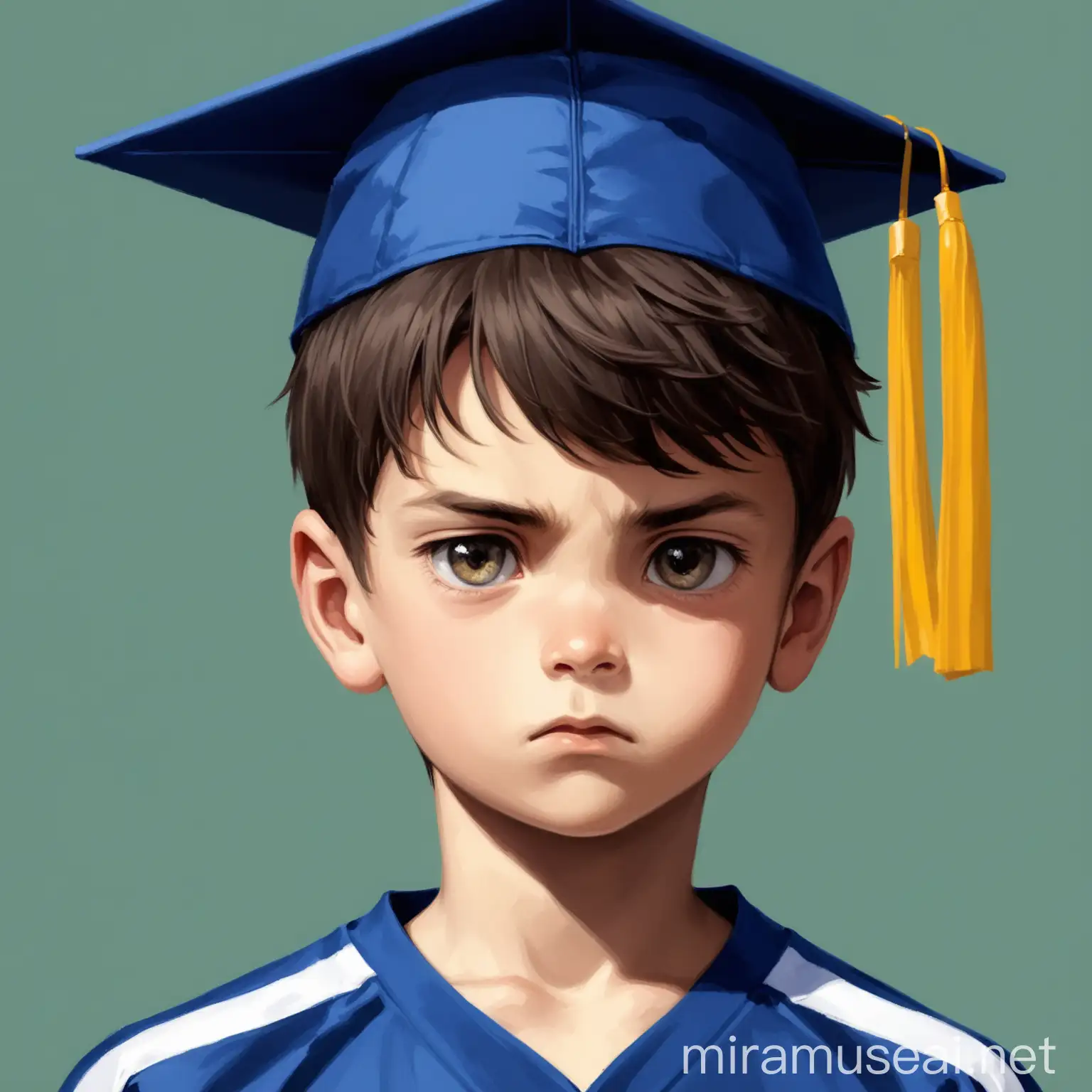 Left half: A young boy looking determined, perhaps wearing a graduation cap or a sports uniform.