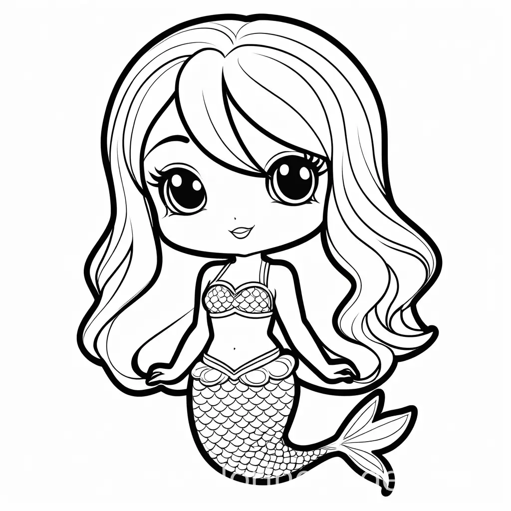 A chibi mergirl, Coloring Page, black and white, line art, white background, Simplicity, Ample White Space. The background of the coloring page is plain white to make it easy for young children to color within the lines. The outlines of all the subjects are easy to distinguish, making it simple for kids to color without too much difficulty