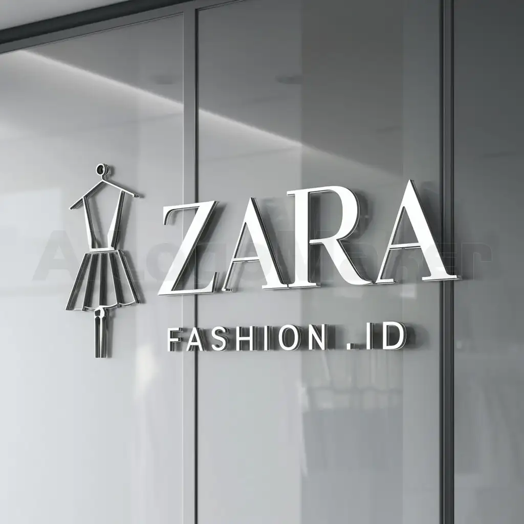 a logo design,with the text "ZARA", main symbol:fashion.id with glass writing on the wall of a fashion store,complex,be used in Retail industry,clear background