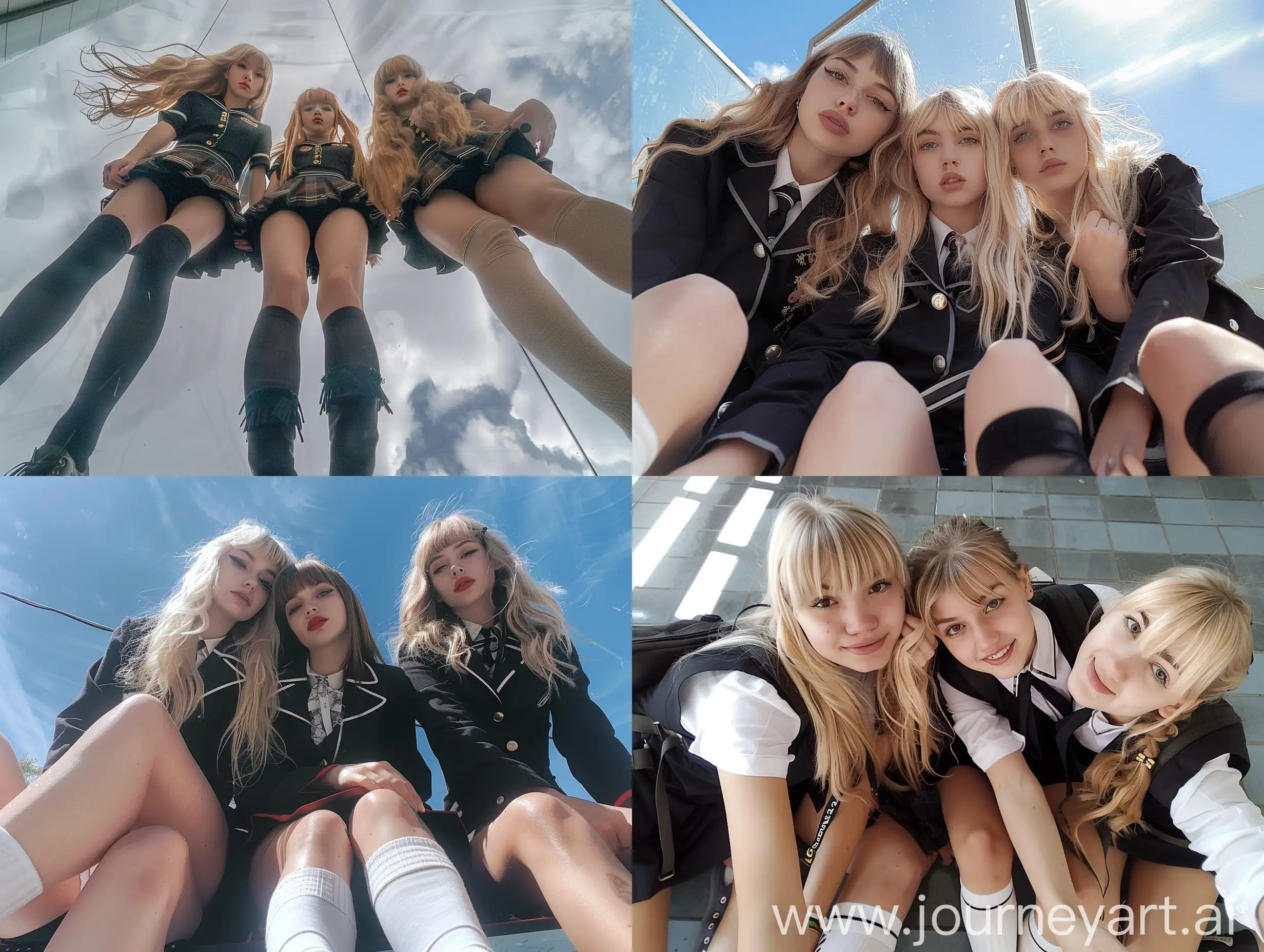 Three-Young-Women-in-Black-School-Uniforms-Taking-Natural-Selfie