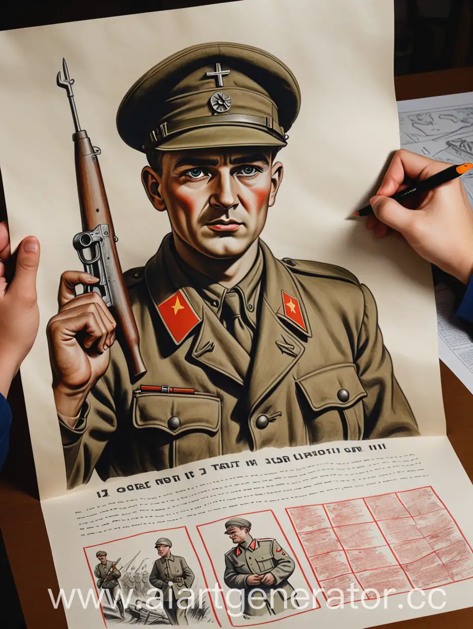 Нарисуй плакат связанный со 2 мировой войной , на ней должен быть участник войны на стороне СССР и немного текста