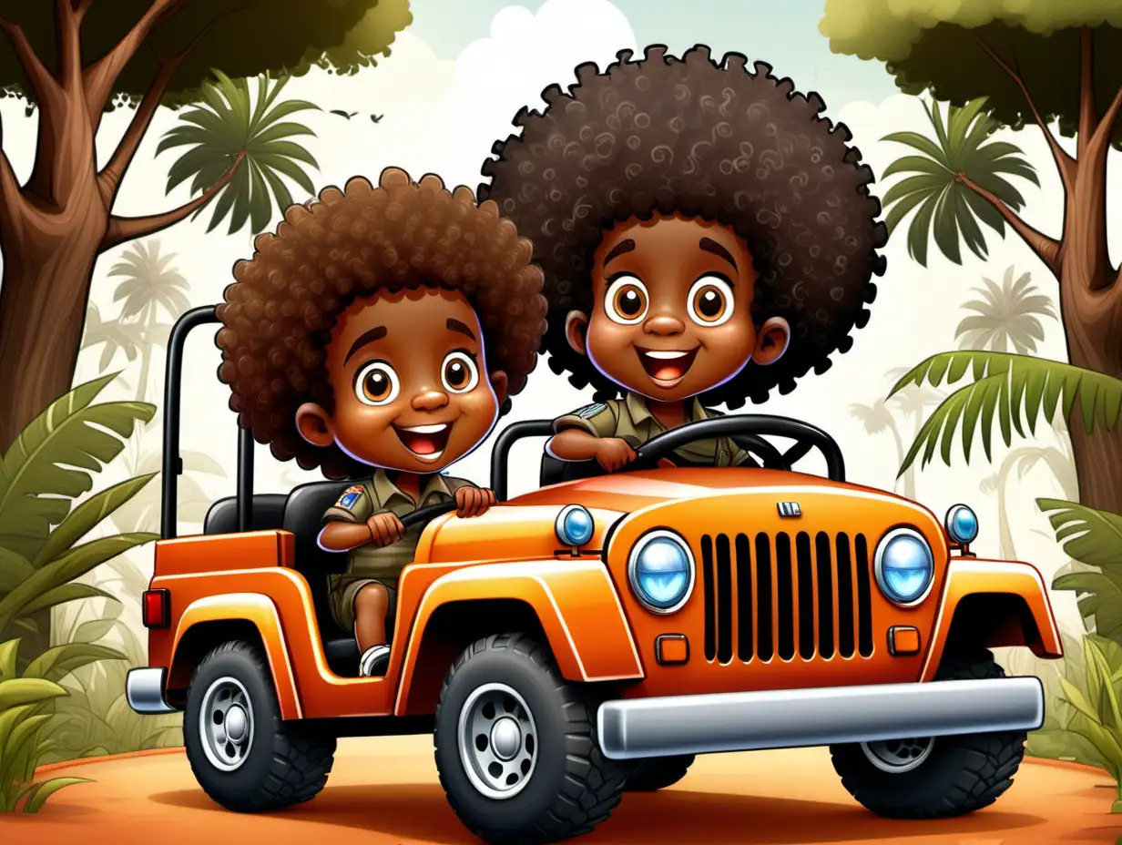 Cartoon African American Boys Riding Safari Jeep with Curly Afros