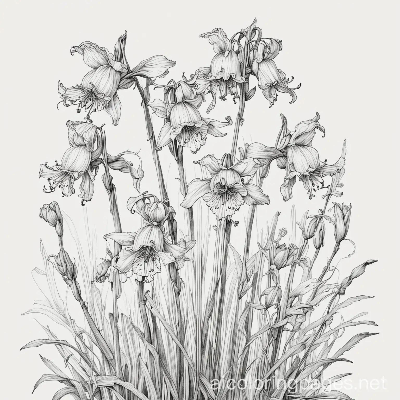 bluebell flowers, Coloring Page, black and white, line art, white background, Simplicity, Ample White Space. The background of the coloring page is plain white to make it easy for young children to color within the lines. The outlines of all the subjects are easy to distinguish, making it simple for kids to color without too much difficulty