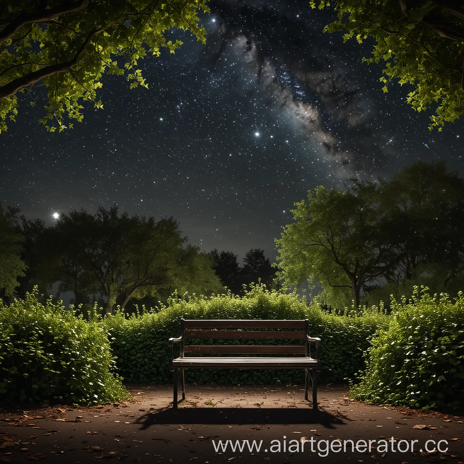 Ночное небо со звездами, пустой парк и внимание все гна пустой лавочке обивающюю лианами с размерами 1920 на 1024
