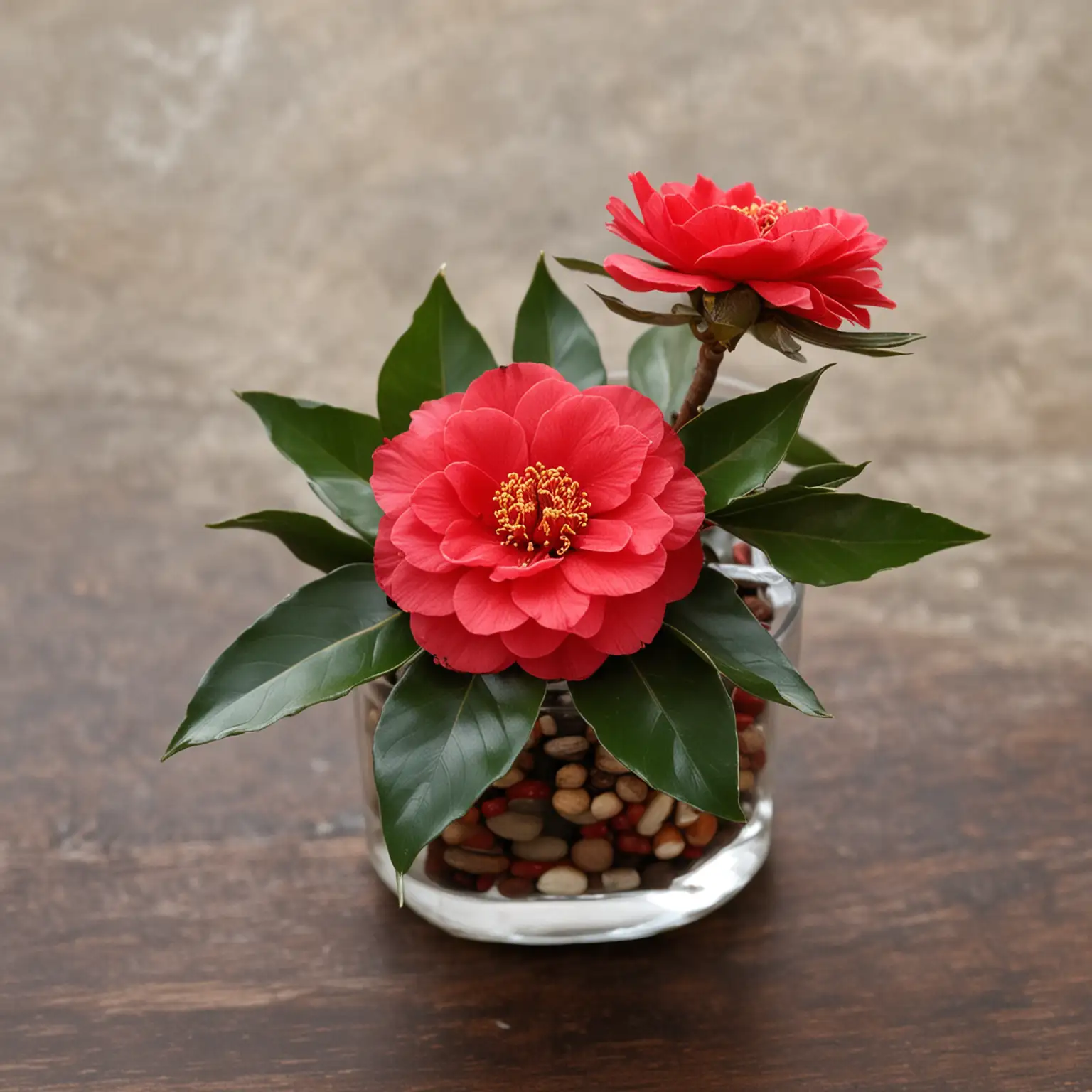 simple and small centerpiece with red Camellias for a winter centerpiece