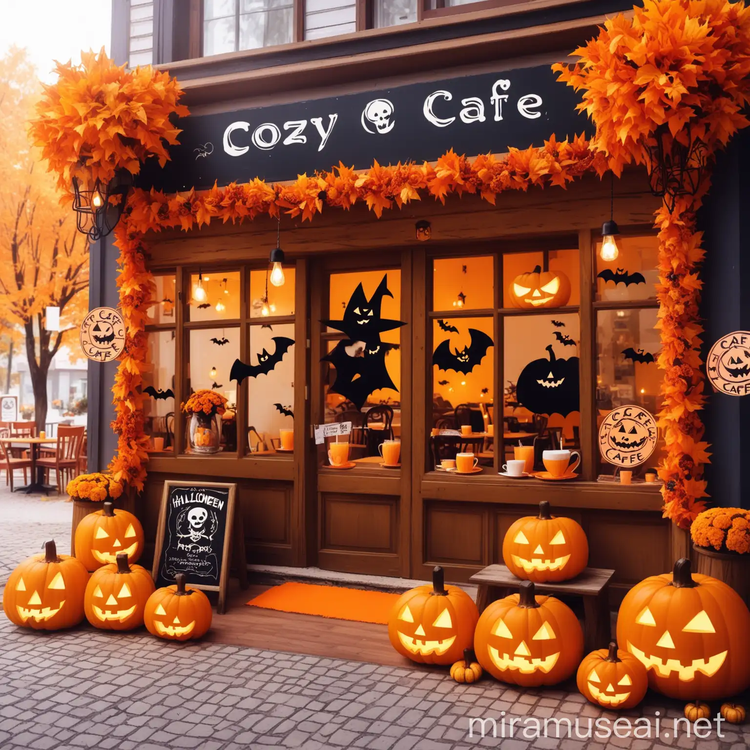 Cozy Fall Cafe Decorated for Halloween Delights