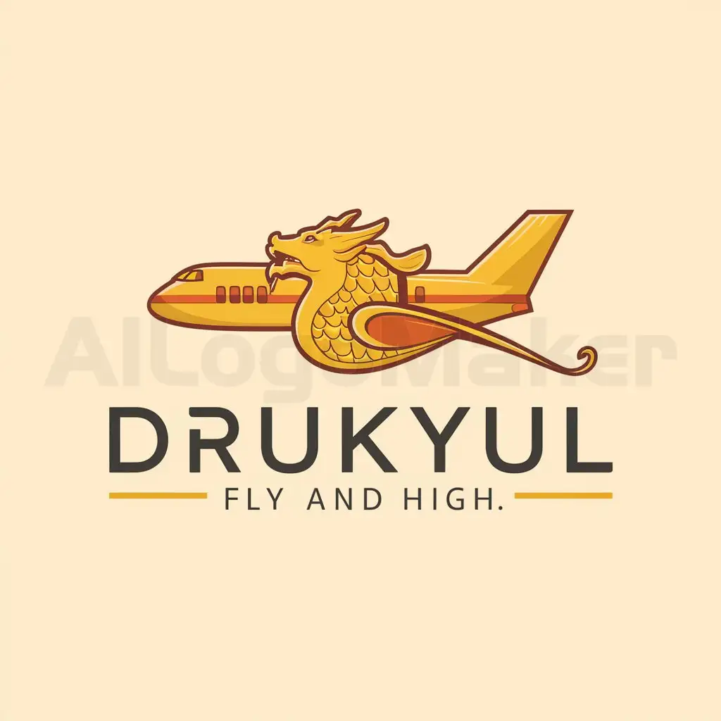 a logo design,with the text "Drukyul Fly and High", main symbol:A Bhutan dragon and an aeroplane mainly based for tourist attraction . It should be purely a website logo. Yellow  and orrange color,Moderate,be used in Travel industry,clear background