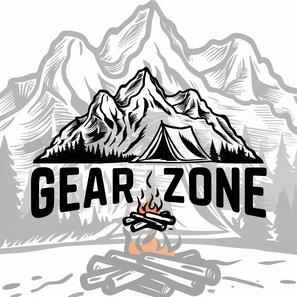 a logo design,with the text "GearZone", main symbol:mountains with a tent and fire,complex,clear background