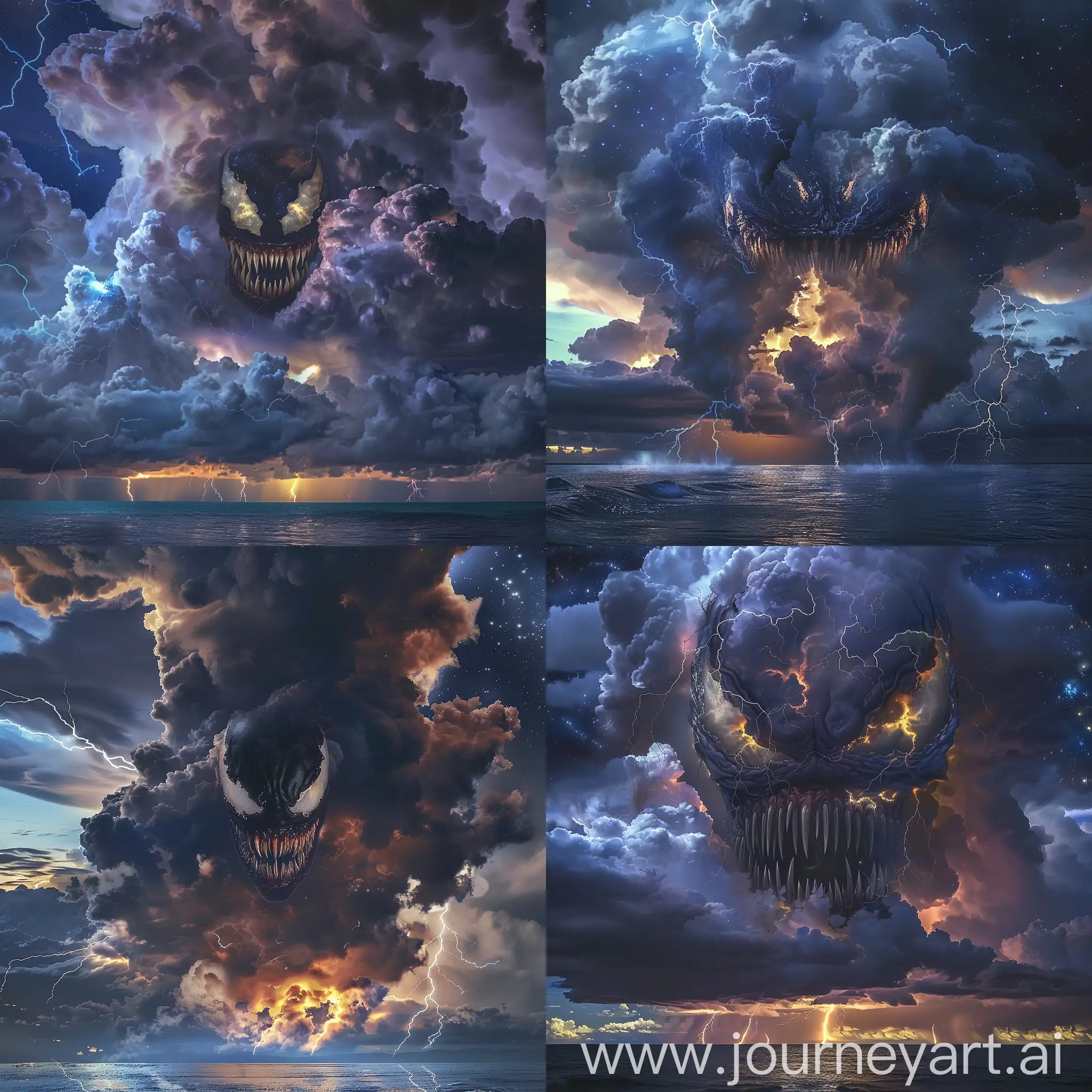 A breathtaking image of an impressive cloud formation reminiscent of Marvel's Venom. The clouds are dark and brooding, with vibrant details that bring Venom's face to life. Venom's eyes have a subtle glow that gives the image a mystical aura. The stormy sky is enlivened by flashes of lightning, enhancing the dramatic effect of the work. Below, the stormy ocean reflects lightning and stars in the sky, creating a stark contrast to the shadows cast by the clouds. This is a truly breathtaking and artistic image, combining the wildness of nature with a touch of surrealism.