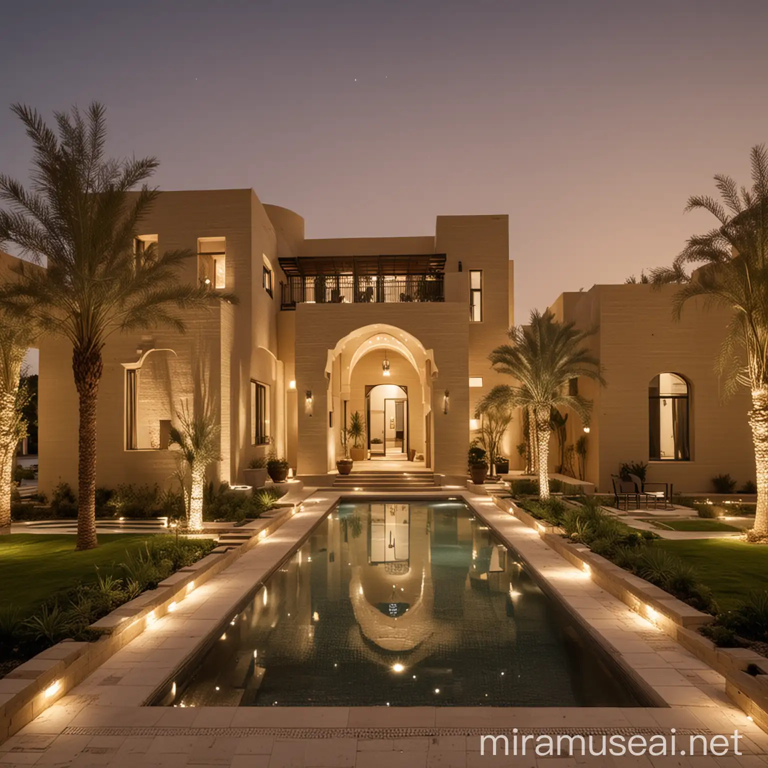 Contemporary Arabian Villa with Illuminated Hedden Lights and Tranquil Water Features