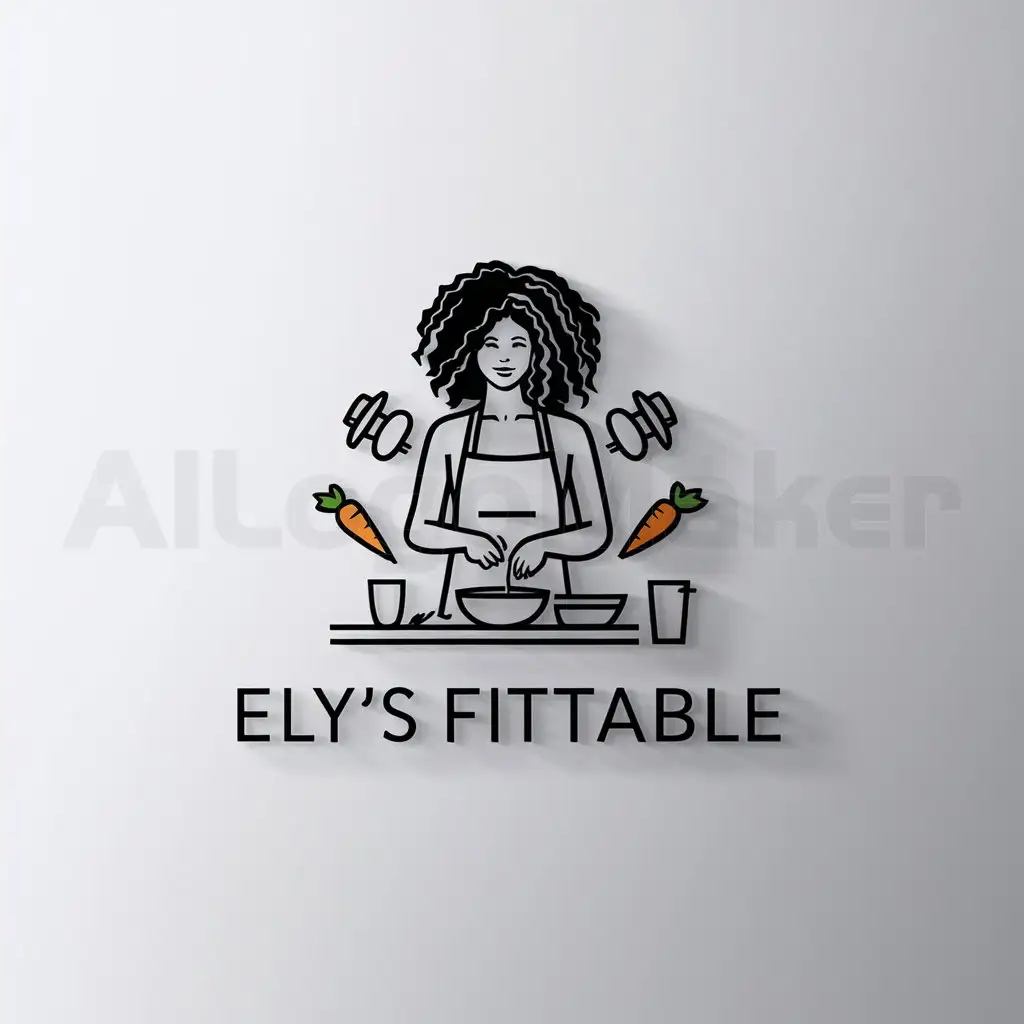 a logo design,with the text "Ely's FitTable", main symbol:Curly hair woman with kitchen apron cooking and with wellness elements and exercise around her head,Minimalistic,clear background