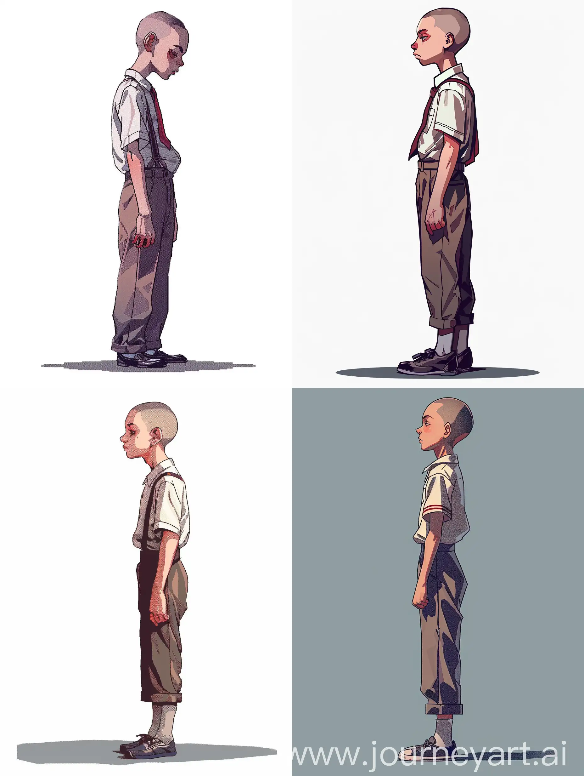 Japanese high school student boy in school uniform, horror anime character, 2d style, side view, full length, in trousers, concept art in color. Pixel art. Pixel, without background.