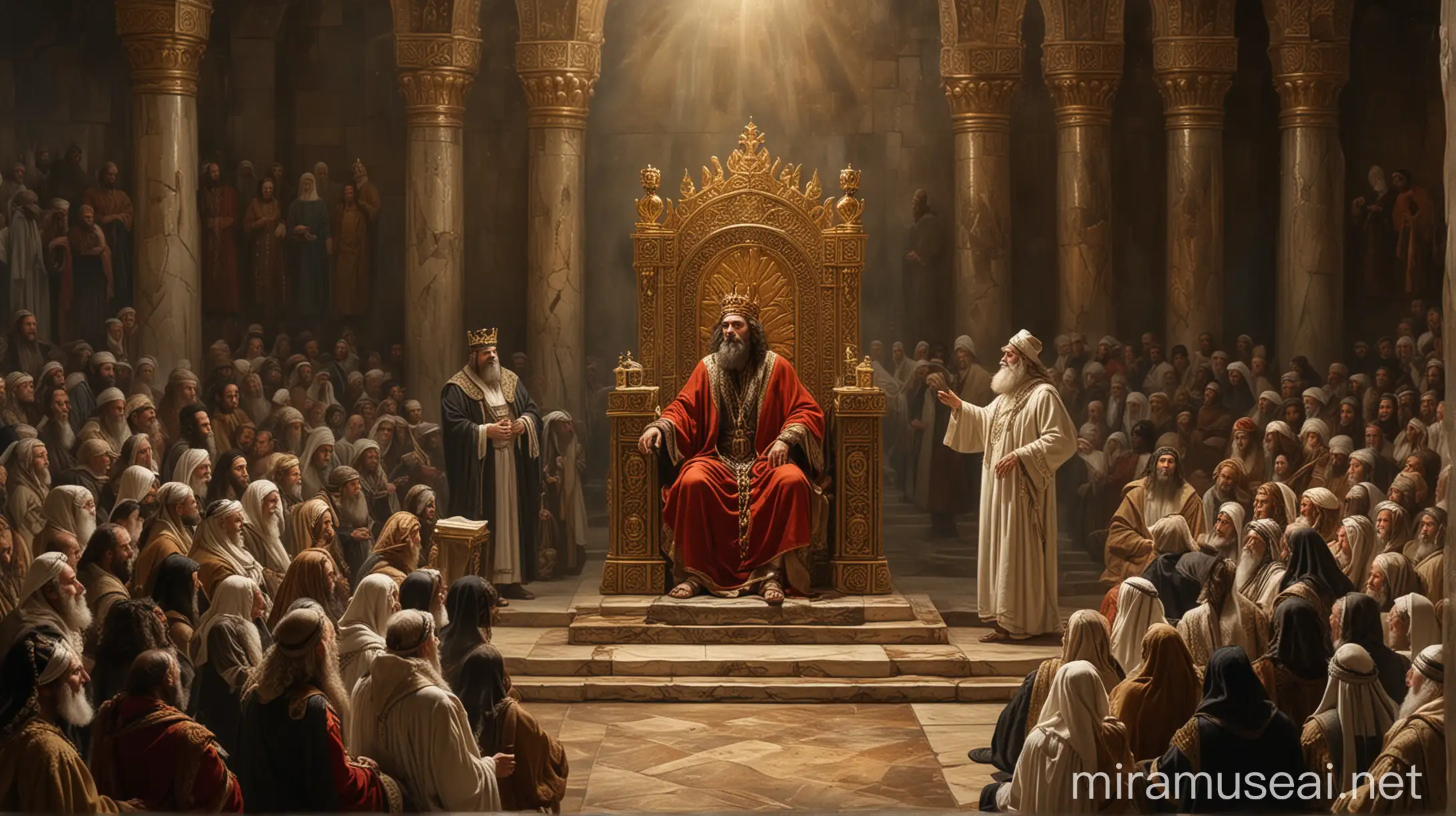 400 Jewish prophet standing before Jewish wicked king sit on throne in ancient Jew