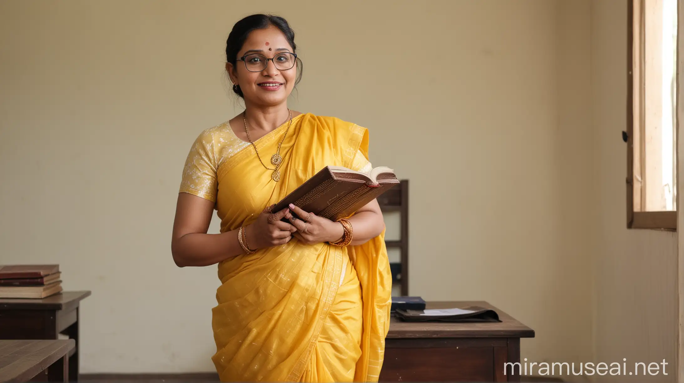 indian teacher mom 47 years old  fat and holding a book in class room wearing sindur, and magalsutra . and wearing a spectacles on face. and she is surprised and standing with heels on feet. she is wearing yello saree and white blouse.
