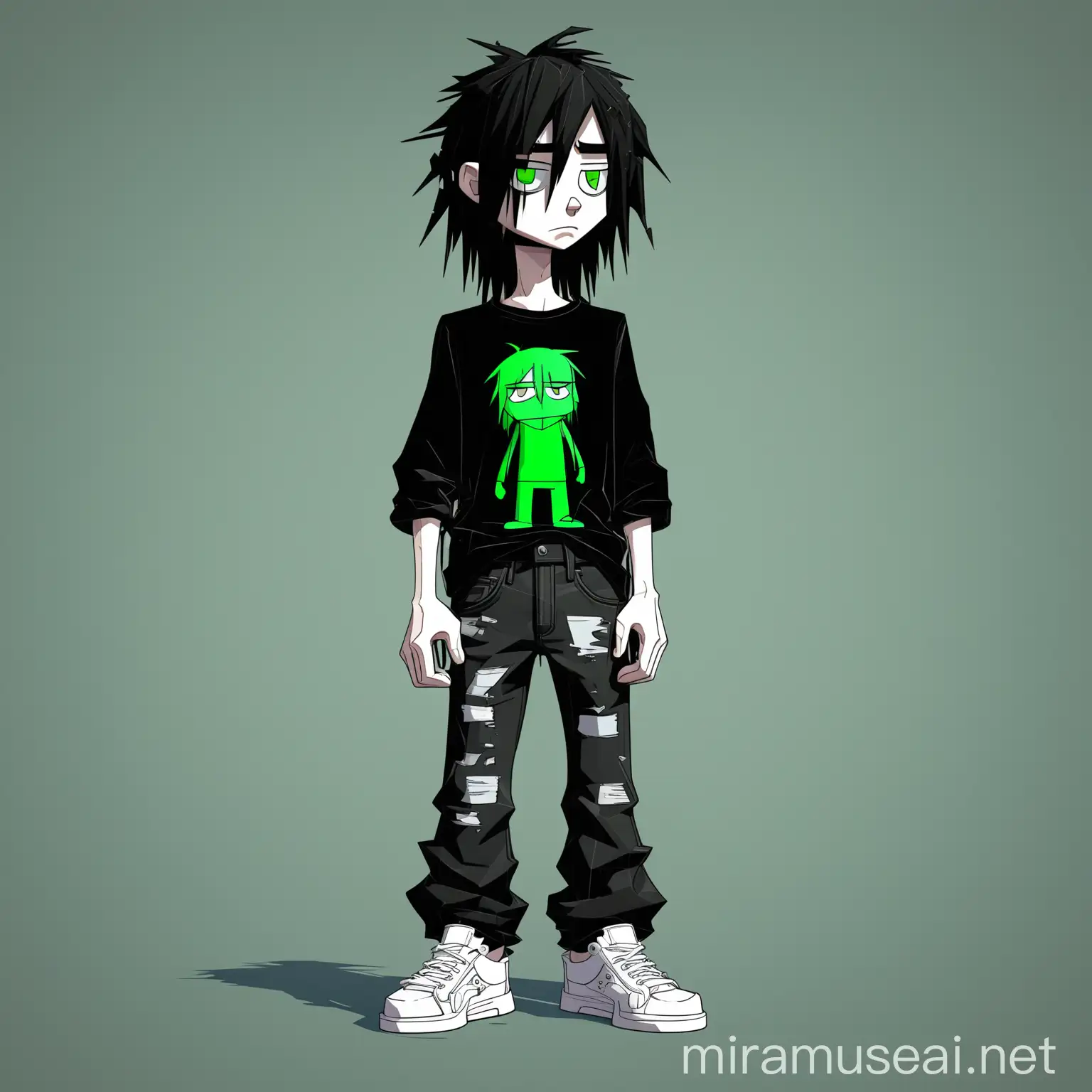 The cartoon depicts an emo boy, standing sideways and full-length, in black baggy jeans and white low-top sneakers. He has long dark hair, disheveled and unkempt, green eyes.do this in the form of a cartoon small polygonal 3D character in full height (the head is smoother and larger).