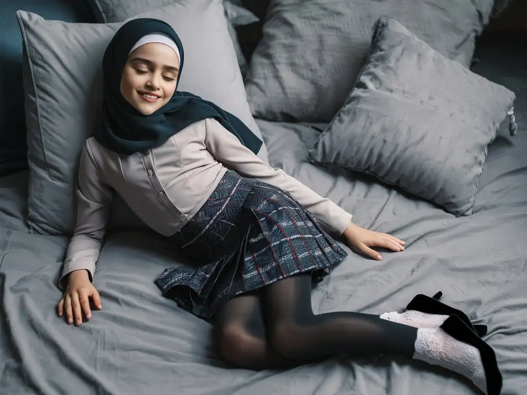 Elegant-12YearOld-Girl-in-Patterned-School-Attire-Resting-on-Bed