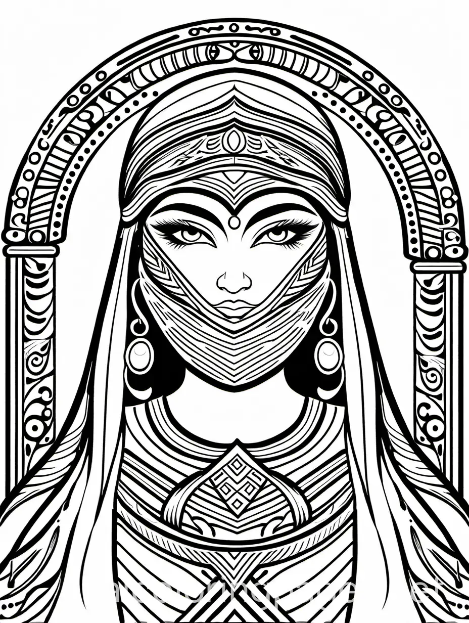 beautiful masked woman, , style of Zulf, Coloring Page, black and white, line art, white background, Simplicity, Ample White Space. The background of the coloring page is plain white to make it easy for young children to color within the lines. The outlines of all the subjects are easy to distinguish, making it simple for kids to color without too much difficulty