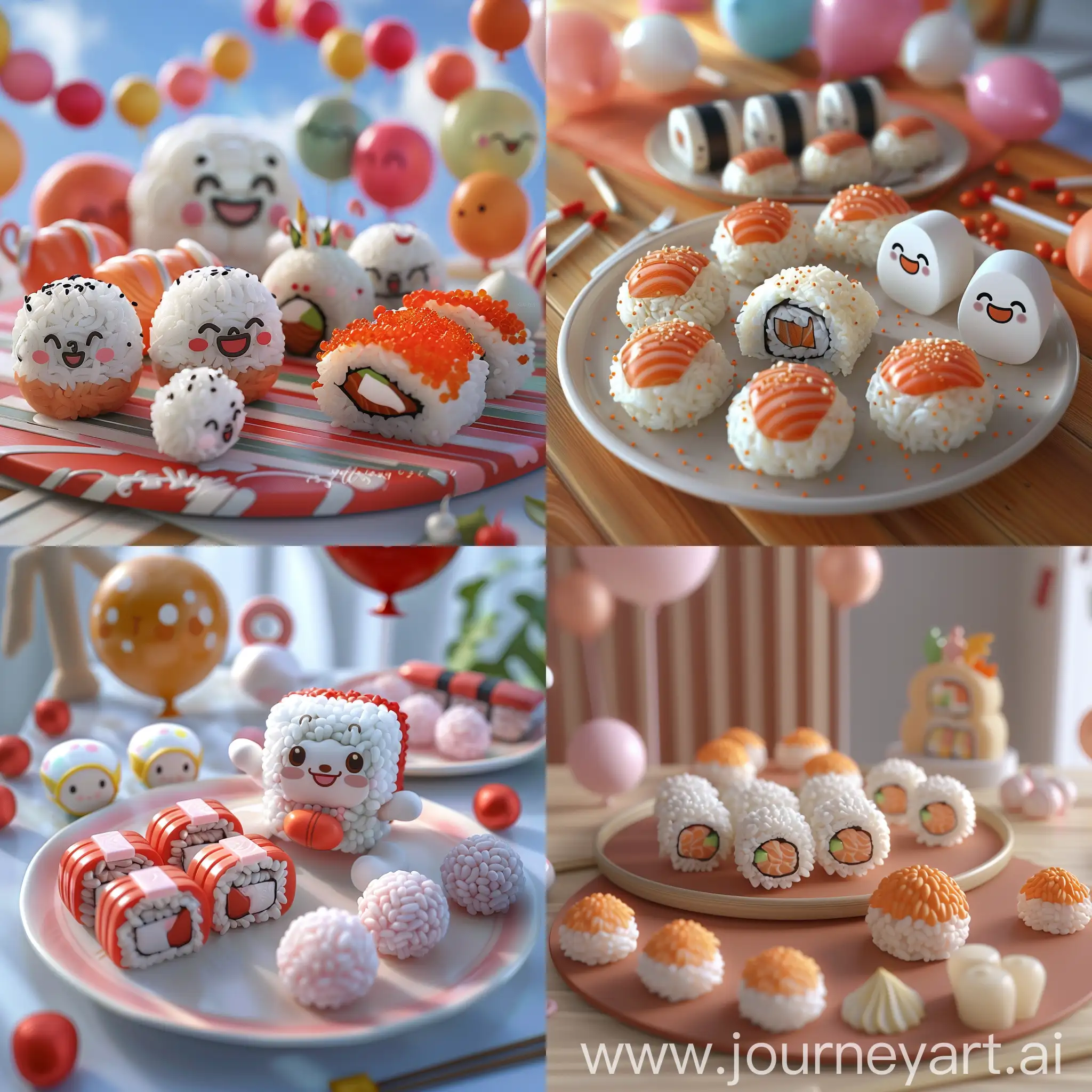 there are sushi and rice balls on a plate with a sushi, cute 3 d render, cute, hyperrealistic, lush, cinematic, c4d, 4k polymer clay food photography, sushi, anime food, kawaii hq render, pop japonisme 3 d ultra detailed, kenny wong x pop mart, kawaai, kawaii japanese style, kawaii, japanese kawaii style, super realistic food picture, birthday, balloons, holiday, hyper realism , realistic