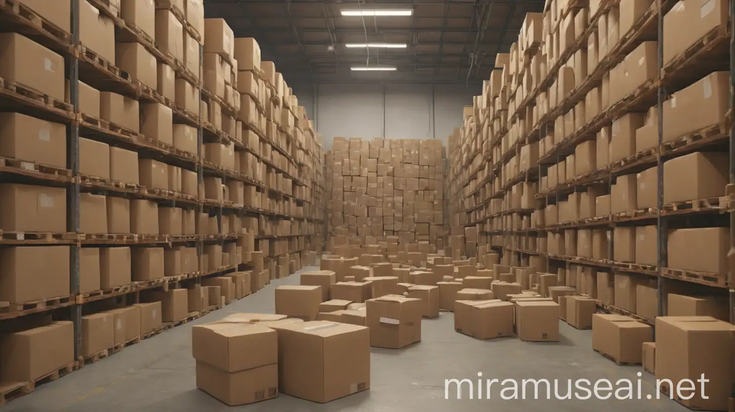 Warehouse Interior with Neatly Stacked Cardboard Boxes