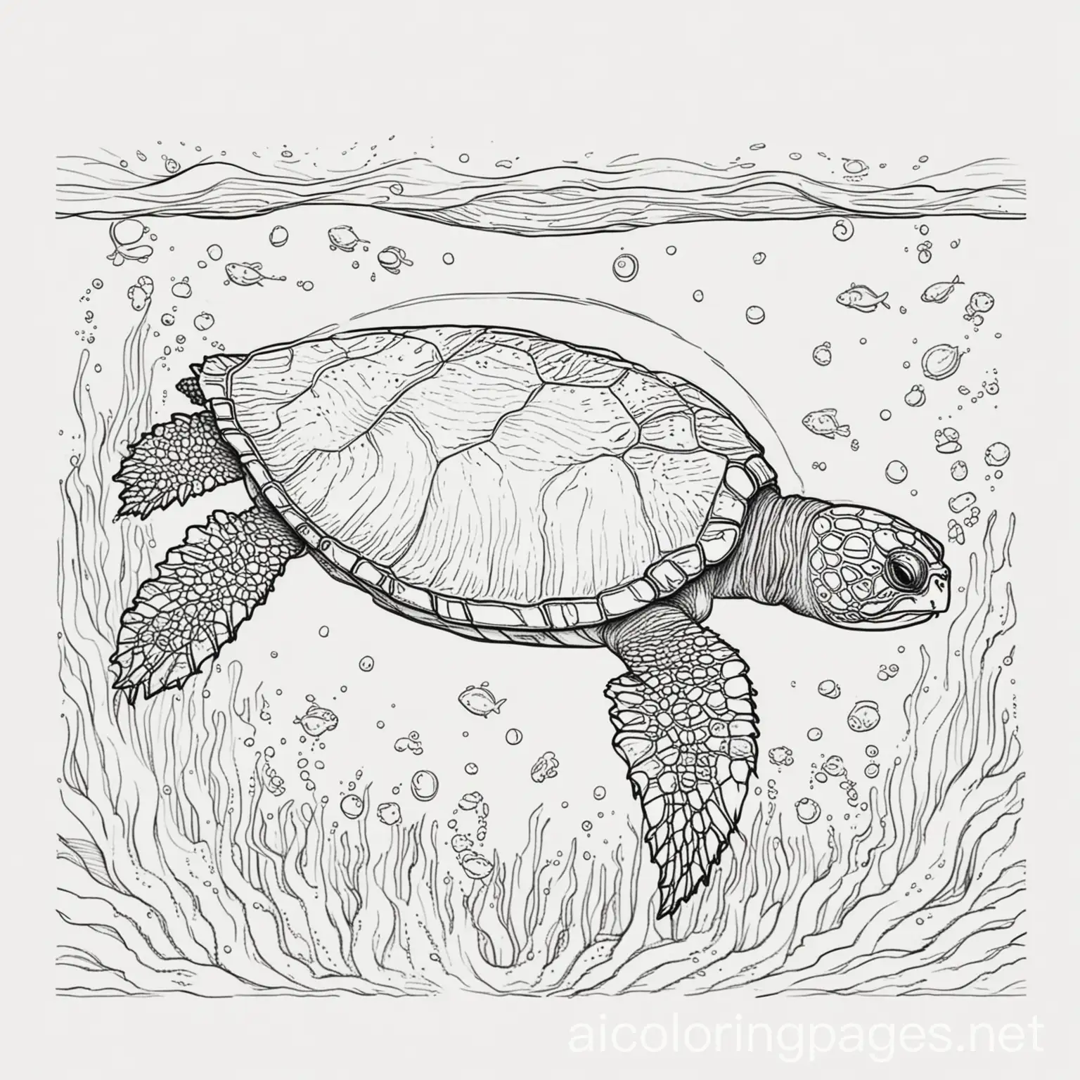 coloring book simple turtle in ocean, Coloring Page, black and white, line art, white background, Simplicity, Ample White Space