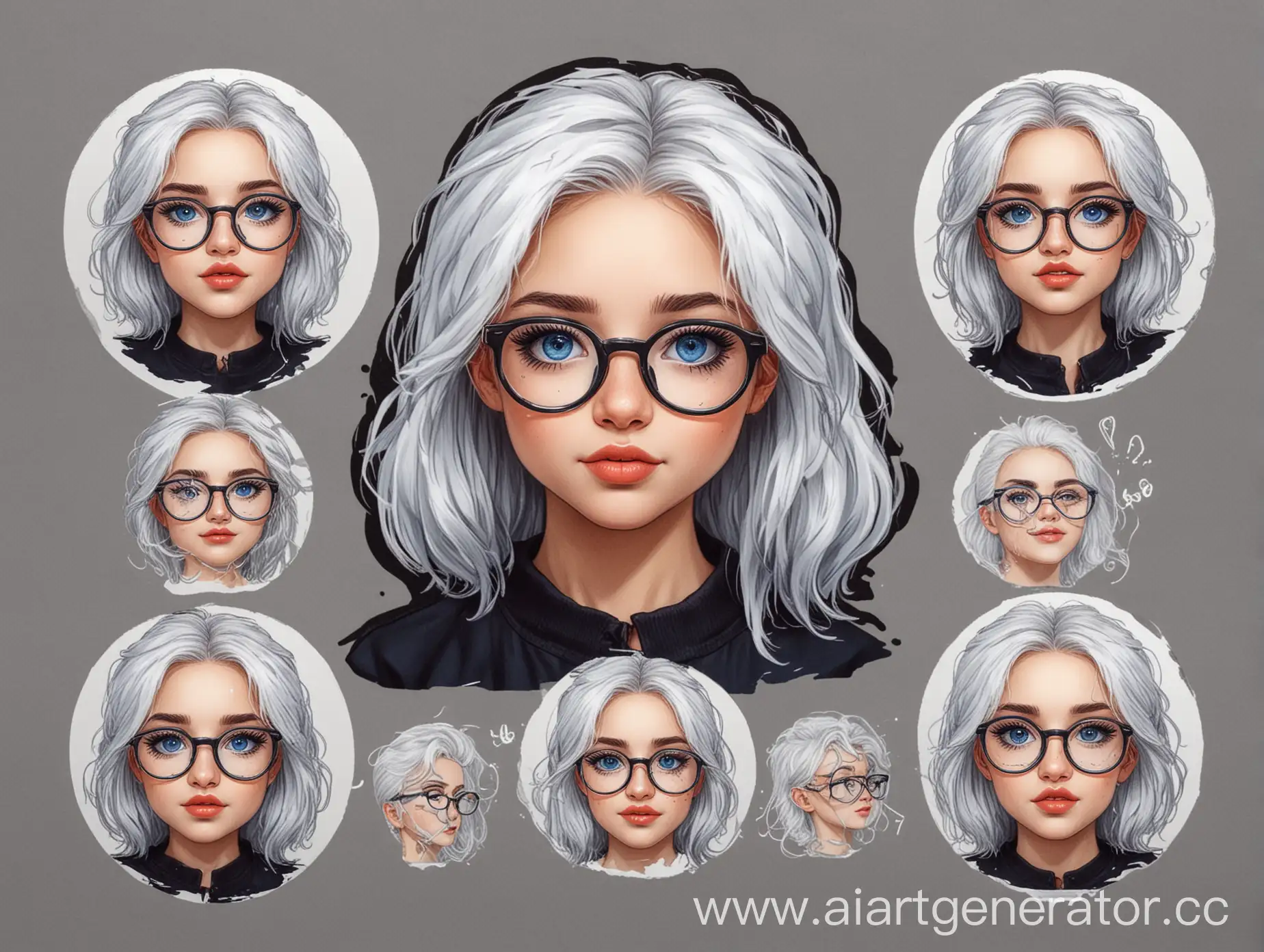 Sticker-Set-Trendy-Young-Woman-with-White-Hair-and-Black-Round-Glasses-in-Various-Poses