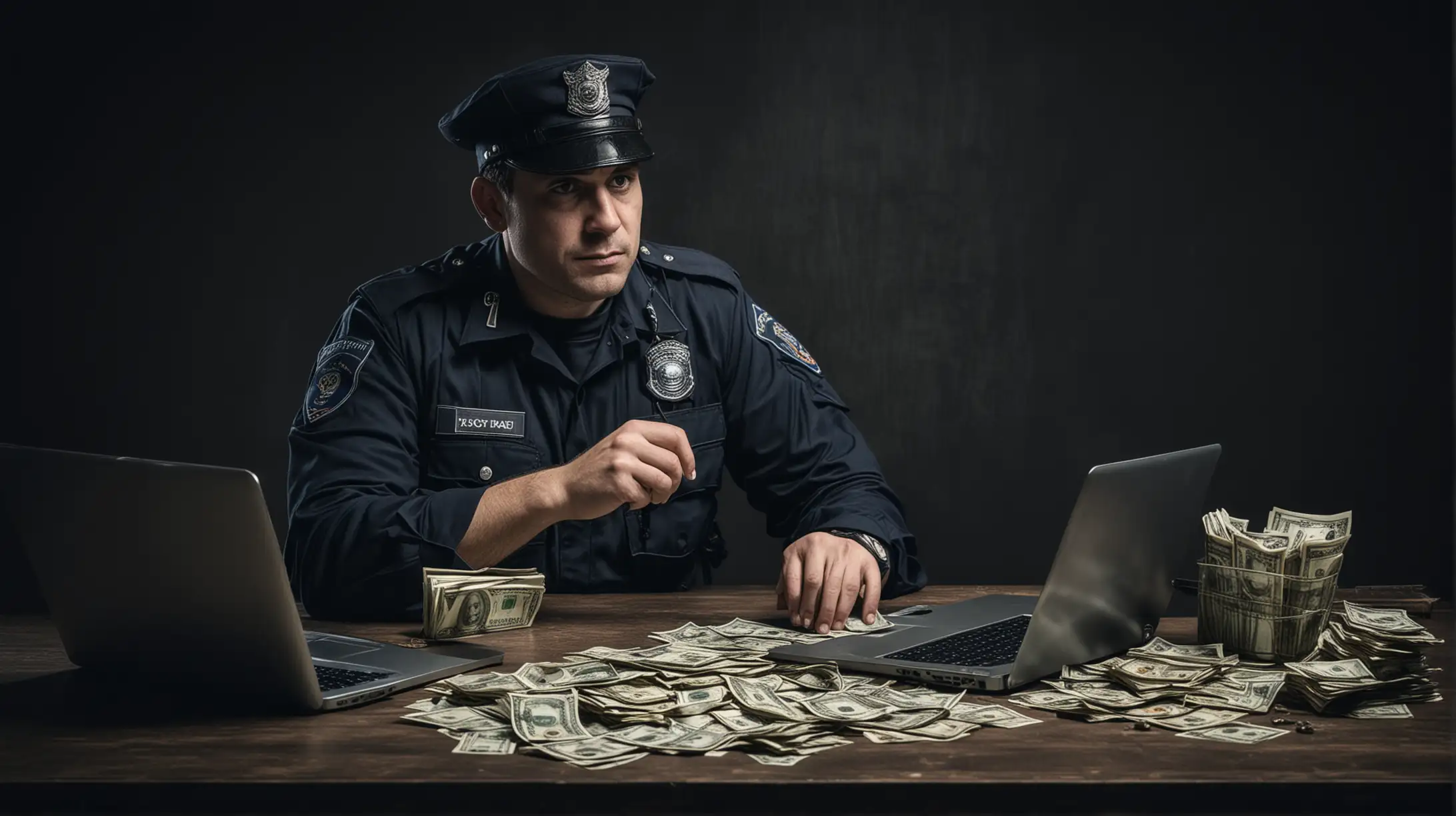 a policeman sitting in a dark environment in front of a laptop with money laying around. in front of him is a criminal