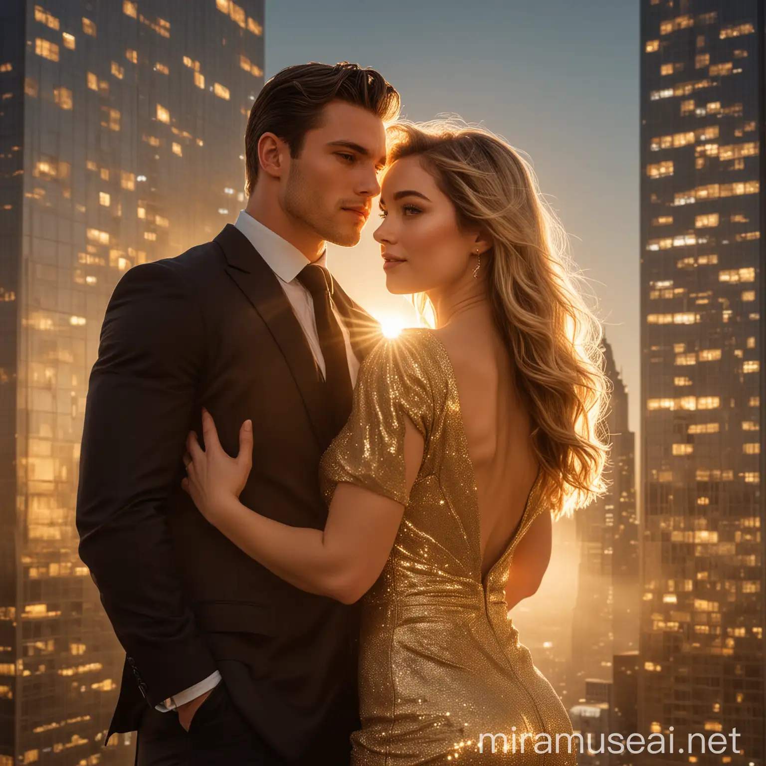A beautiful lady in a dress, held by a handsome light muscular man in suit standing in her back, with a golden luminous light glowing behind them in front of a skyscraper.