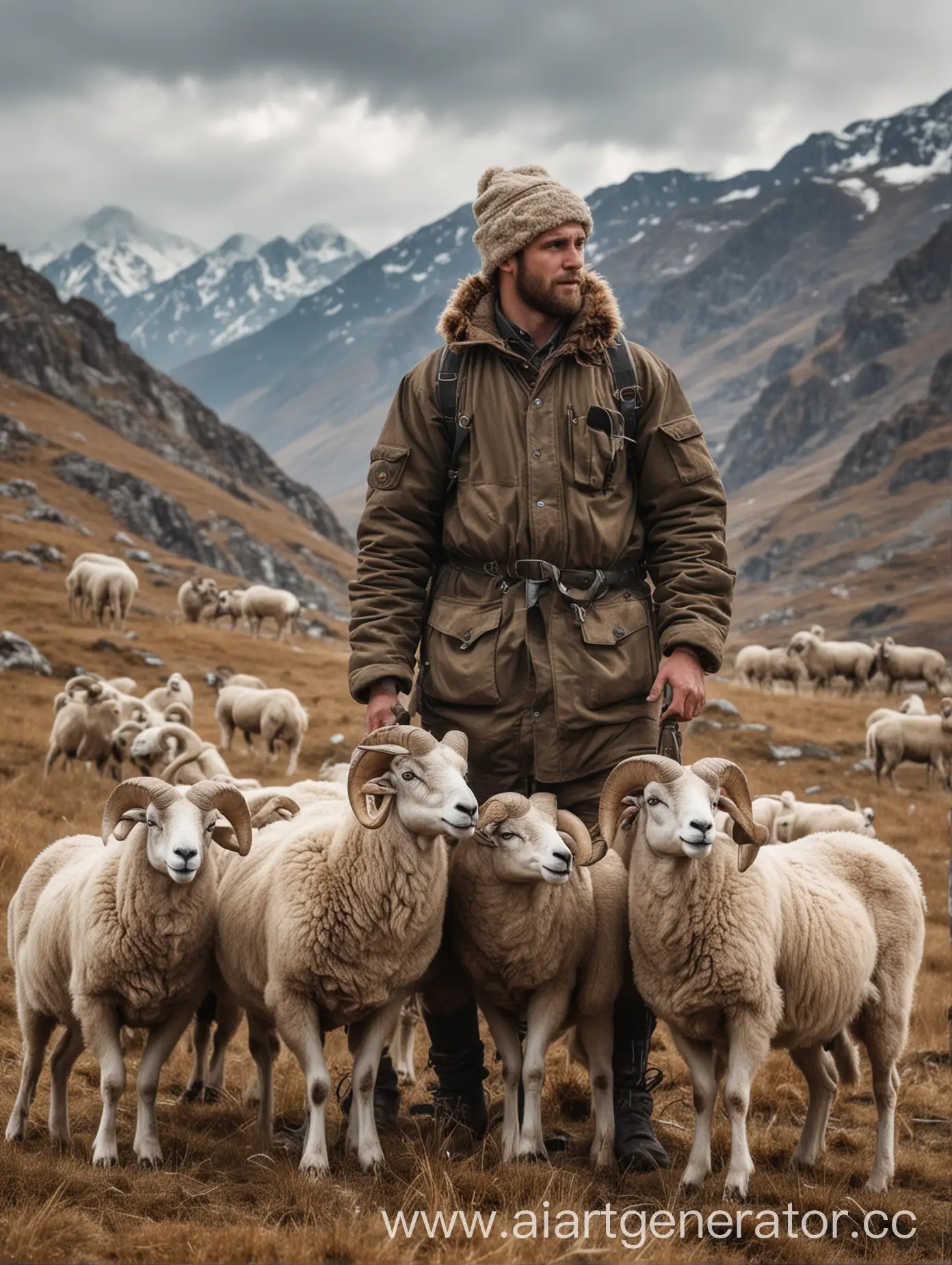 Caucasian-Couple-Hiking-in-Majestic-Mountain-Landscape-with-Wild-Rams