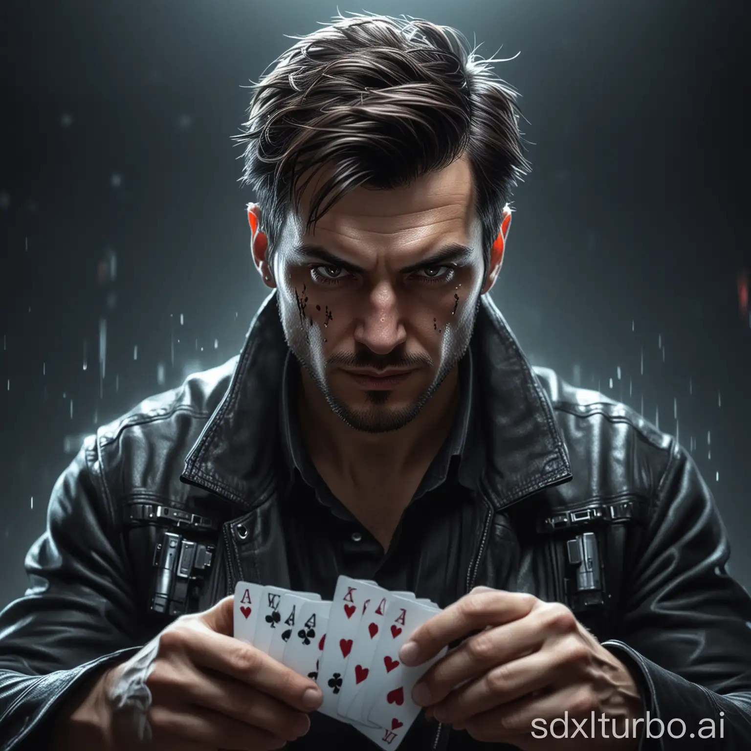A man playing poker. He's holding cards. Frontal. Cyberpunk style.  His face is smeared with thick  man playing poker. He's holding cards. Frontal. Cyberpunk style.  Lightsaber, Very detaile