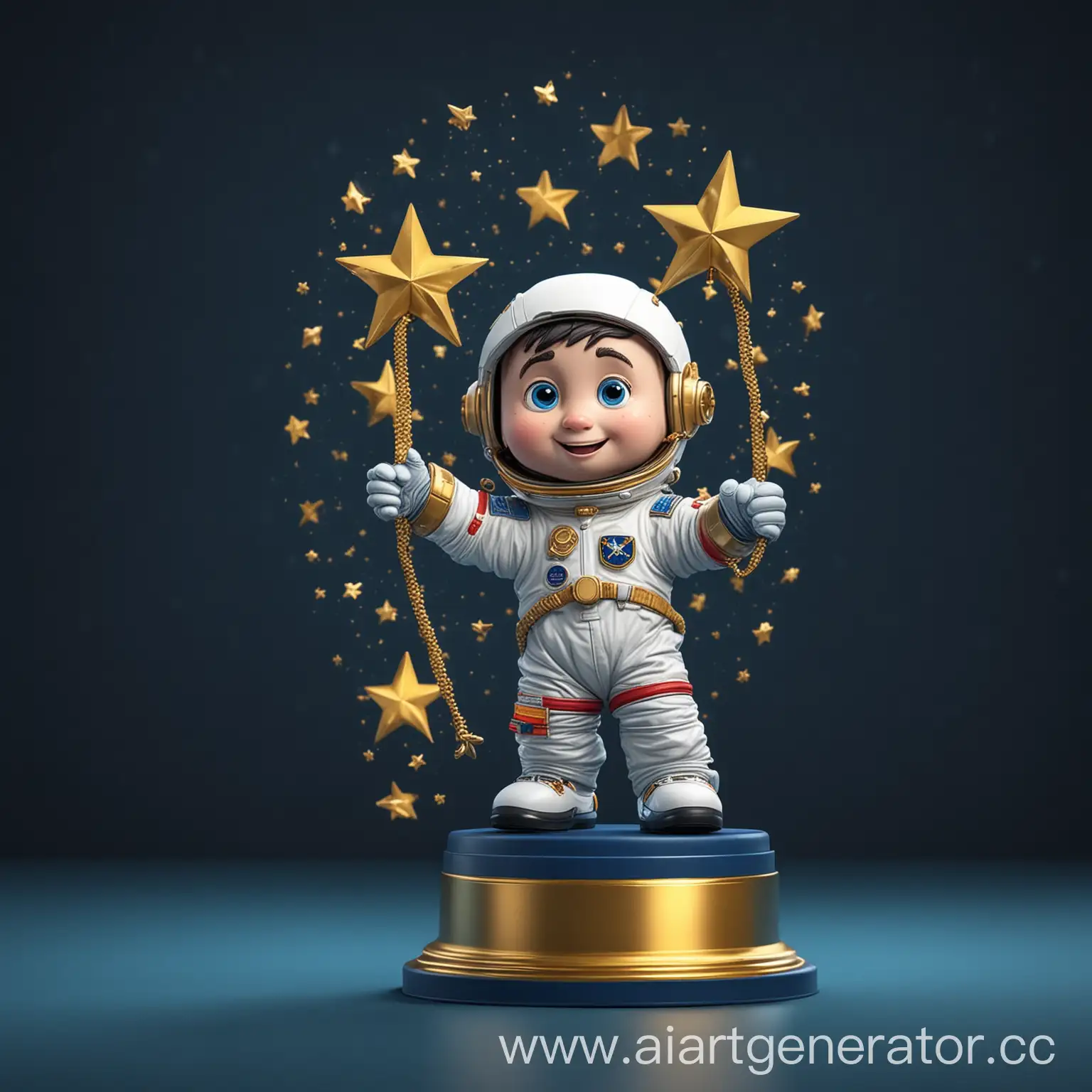 на темно-синем фоне маленький смешной забавный мультяшный космонавт получил много  наград (они висят на заднем фоне) и ему подарили награду - статуетку золотую звезду, аналог оскара