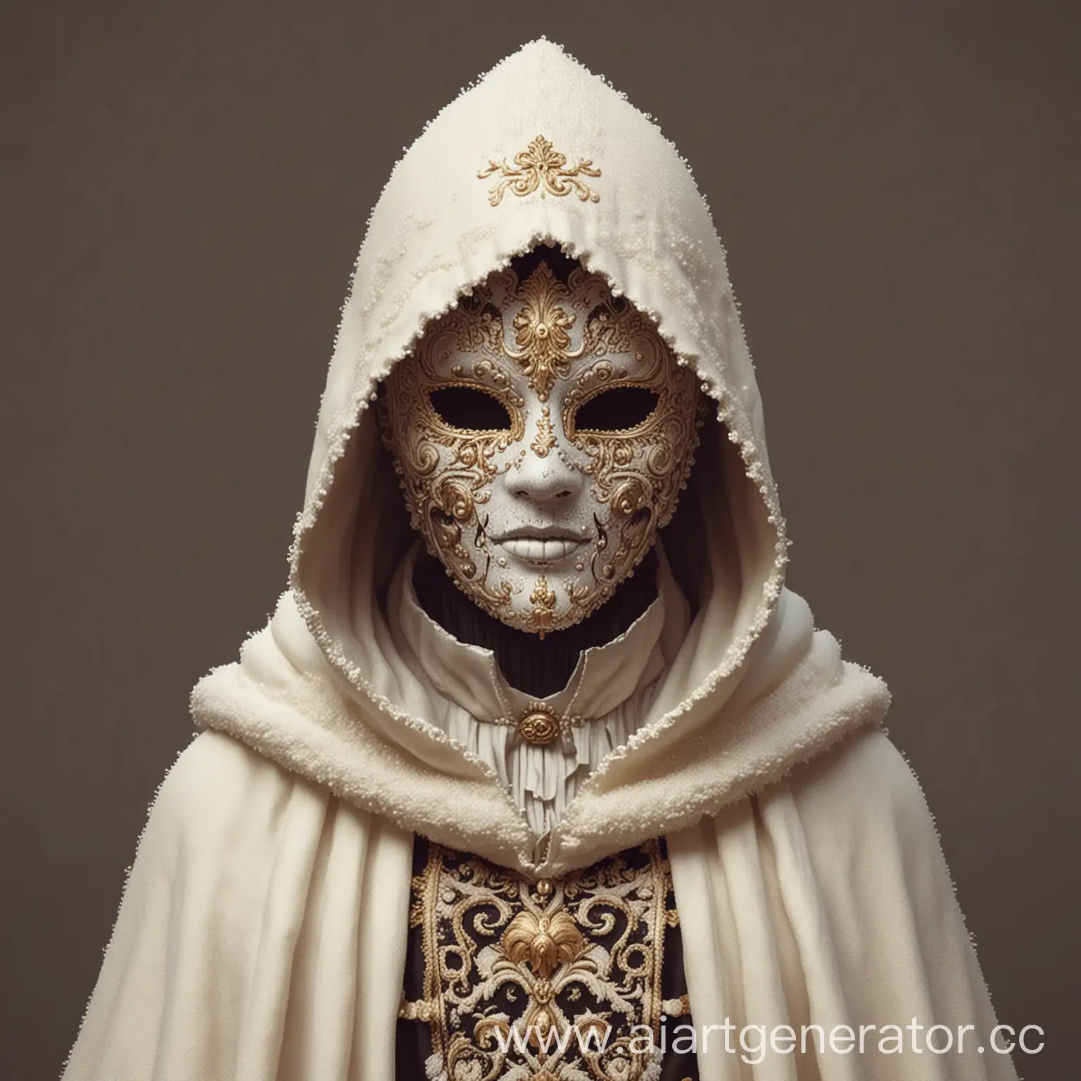 Пиксельная графика, загадочный персонаж в маске, одетый в белую шерстяную накидку, сам персонаж выполнен в стиле барокко 