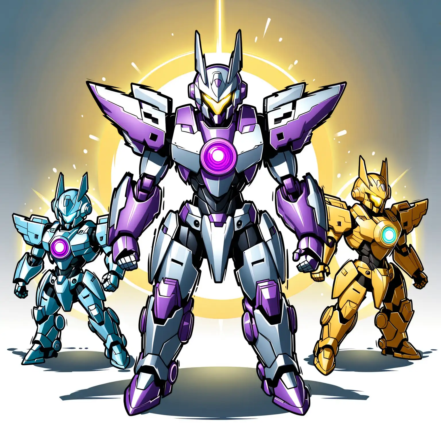 Mecha helmet, faceless, chibi, Q version shape, Q version mecha warrior, two body proportions, an Ultraman style mecha robot, combat status, rich actions, combat mode, blank background, purple Mecha, silver armor, black tights, yellow glowing eyes with 2 horns, silver breastplate, chestplate without glowing circles, combat status, full body perspective, looking at the audience. jump