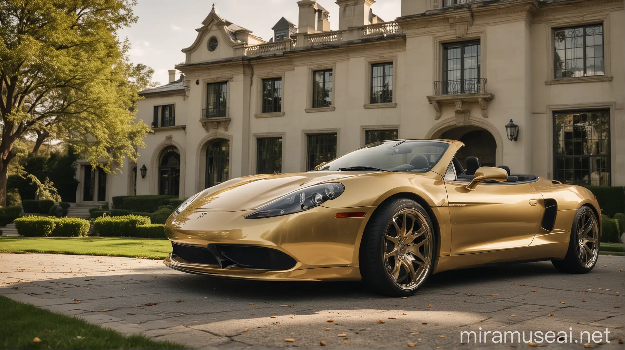 Luxury Gold Sports Car in Front of Grand Modern Mansion