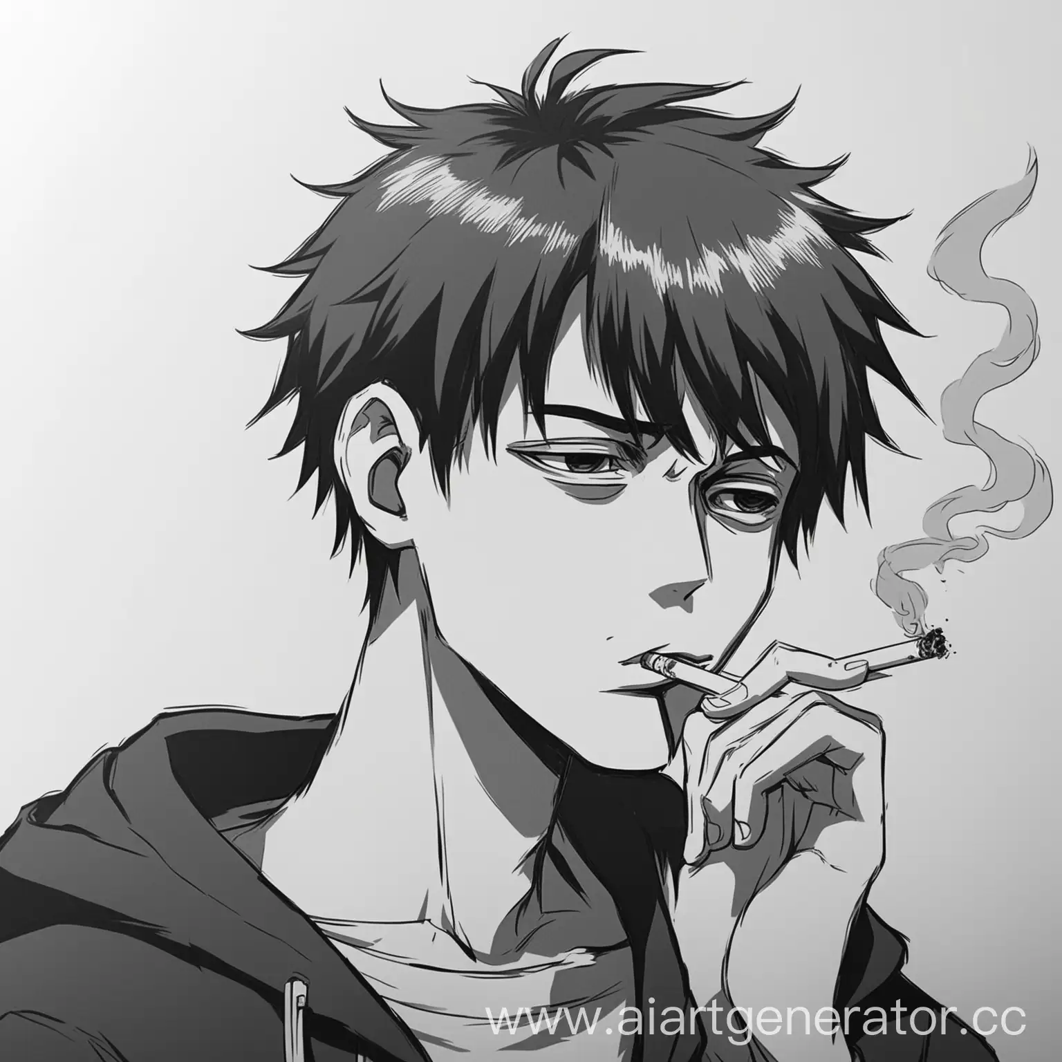 черно-белый рисунок карандашом в стиле аниме грустного парня с сигаретой