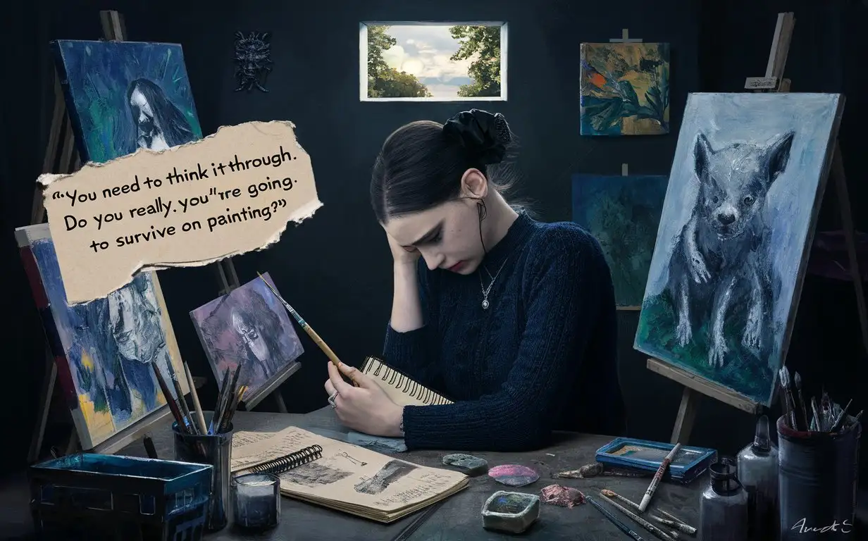 Young Goth Art Student Reflecting on Life and Art Therapy