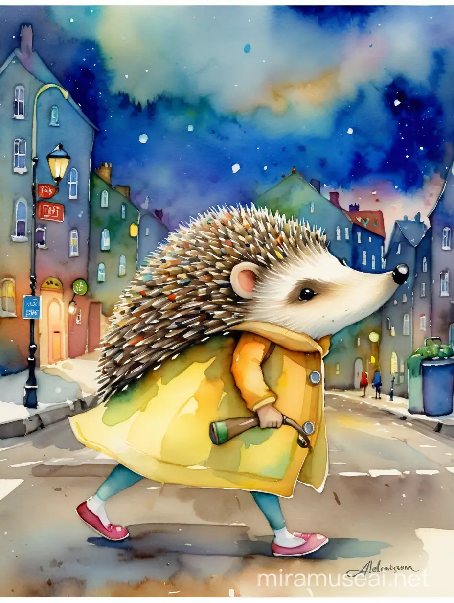 Hedgehog Girl Strolling Through Watercolor Cityscape