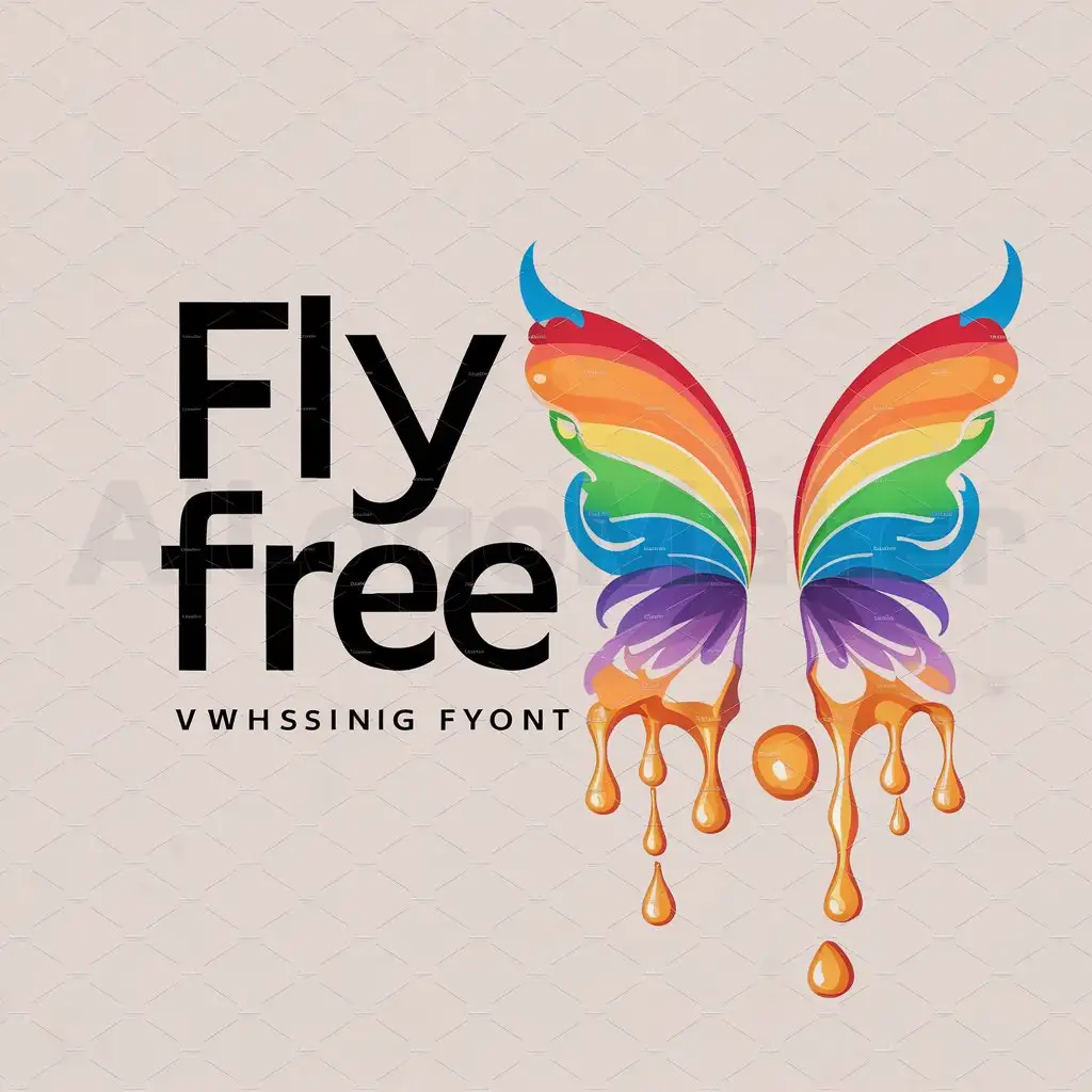 a logo design,with the text "Fly Free", main symbol:Rainbow pixie wings with honey dripping from them,Moderate,clear background
