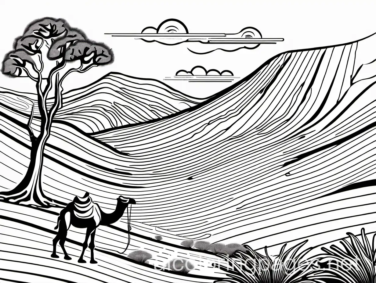 A valley in the desert with high sand hills, a lone dry tree without leaves with bare branches, a lone traveller rides a camel on the sand, Coloring Page, black and white, line art, white background, Simplicity, Ample White Space. The background of the coloring page is plain white to make it easy for young children to color within the lines. The outlines of all the subjects are easy to distinguish, making it simple for kids to color without too much difficulty