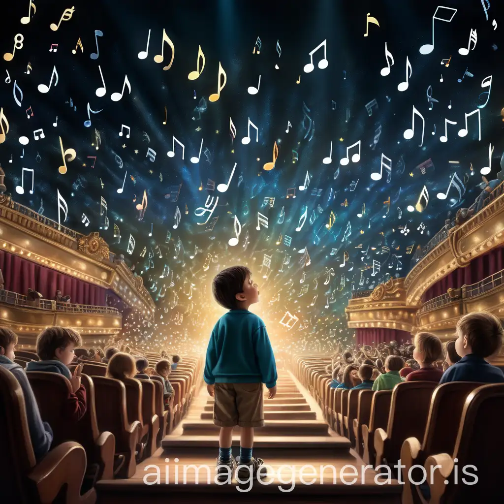 A nervous little boy skilled in a theater scenario, riding bright musical notes and numbers floating in the air. The night scene is illuminated to create an impressionistic background color, while the platform reflects the darkness and emotion before the unique artistic experience is presented.