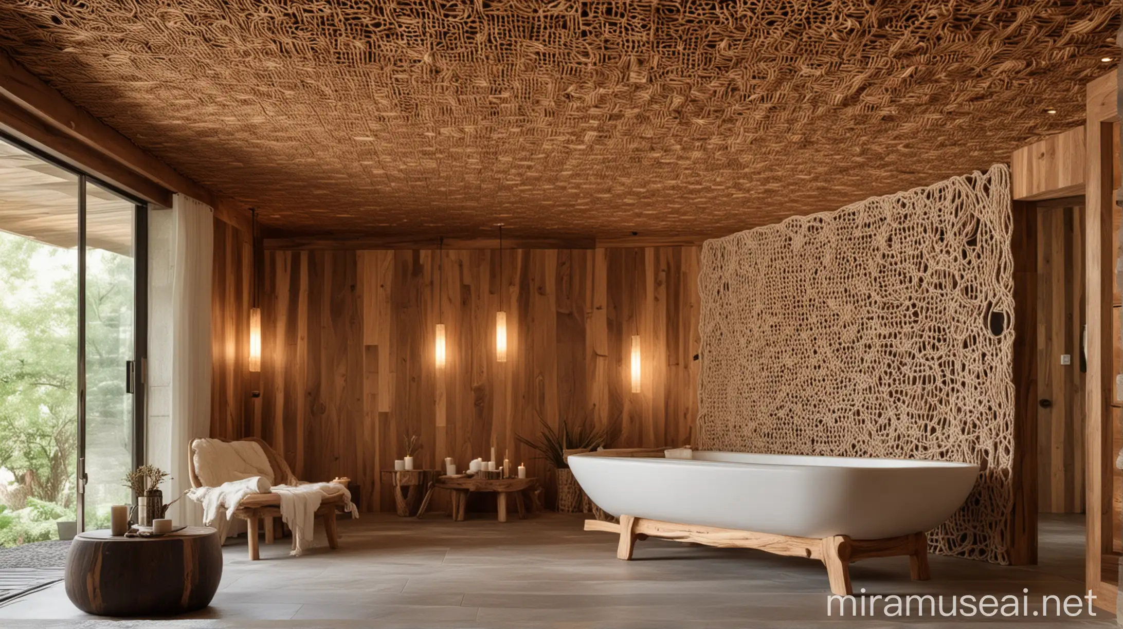hand crafts furniture with macramé modern spa  full shot and wood ceiling 

