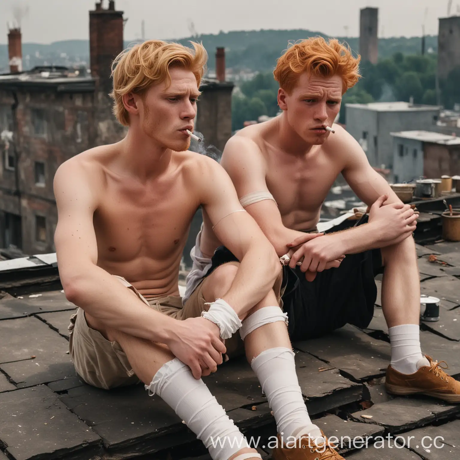 Two-Men-Sitting-on-Roof-Blond-Man-Smoking-with-Bandaged-Wrists