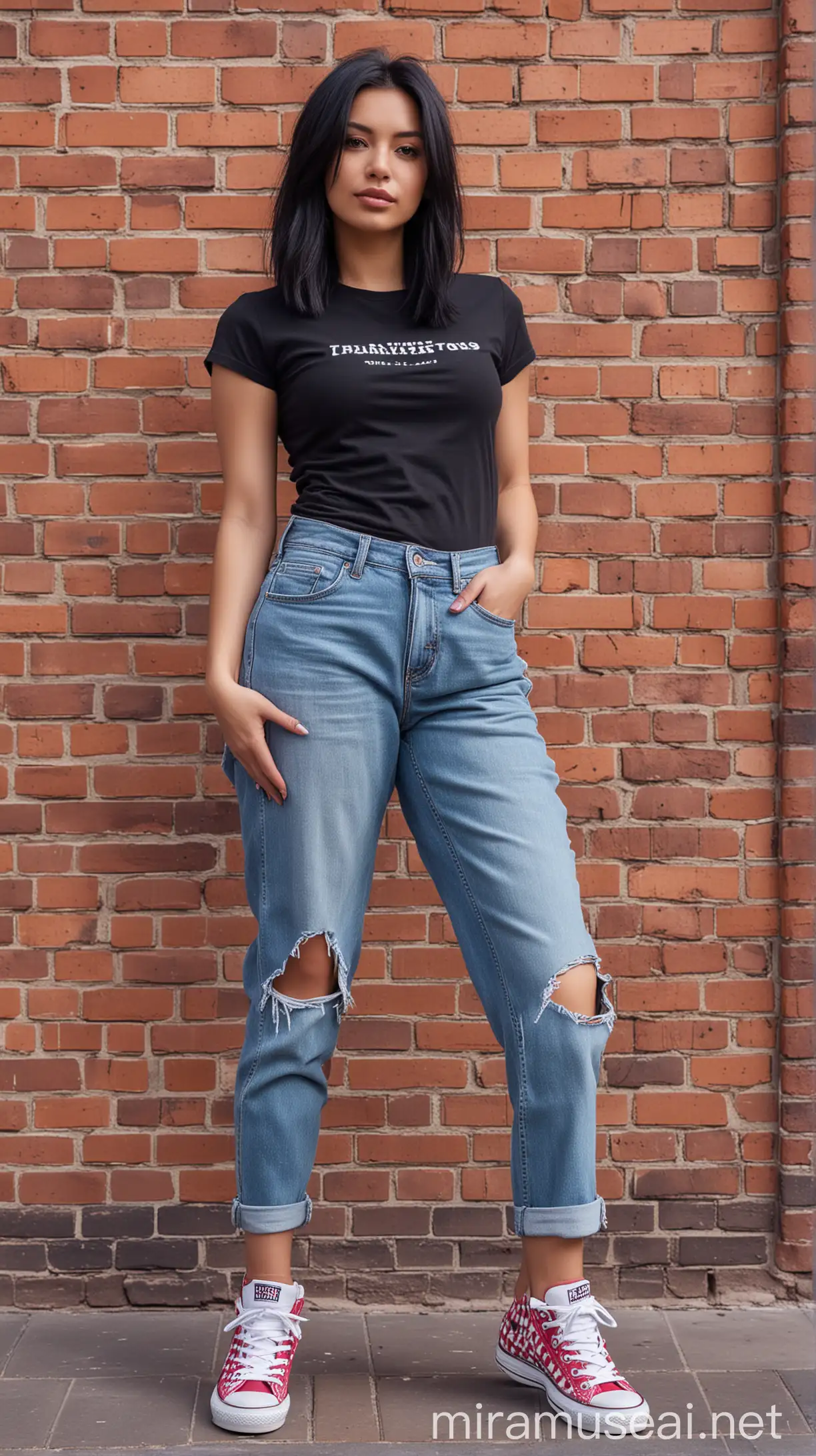 photography of a very beautiful woman, black hair in a long bob style, looking straight ahead, wearing a black t-shirt, with a tight checkered shirt, wearing tight ripped jeans, with purple converse shoes, standing in front of a red brick wall, photography, shot by S24 camera Ultra, UHD quality