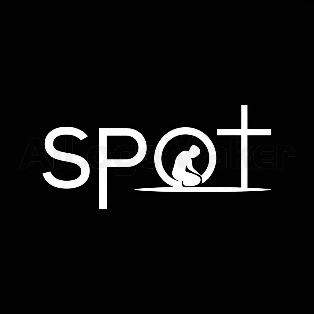 a logo design,with the text "SPOT", main symbol:letters, black background, and let the letter T be in the form of a cross, and in the letter O form a kneeling person in small size just the silhouette,Minimalistic,be used in Religious industry,clear background