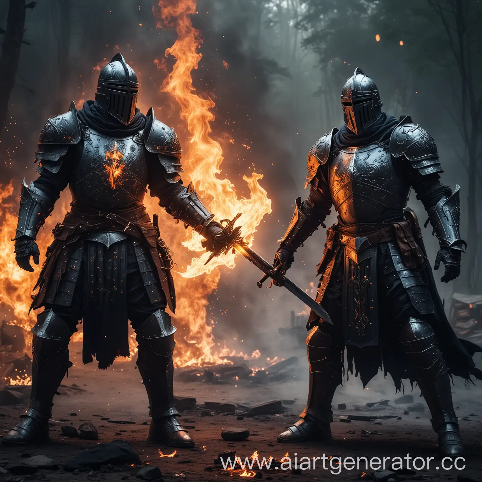 два рыцаря в пылающих доспехах с оружием меч из темного сапфира и пистолетом покрытым магией огня