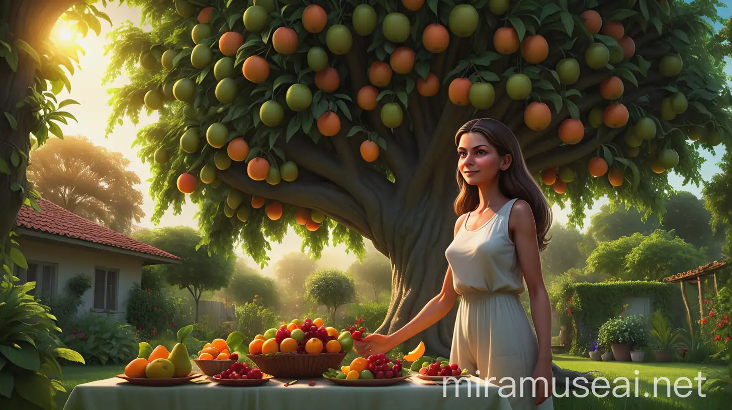 Sonia Harvesting Fruits in Lush Garden with Friends at Sunset