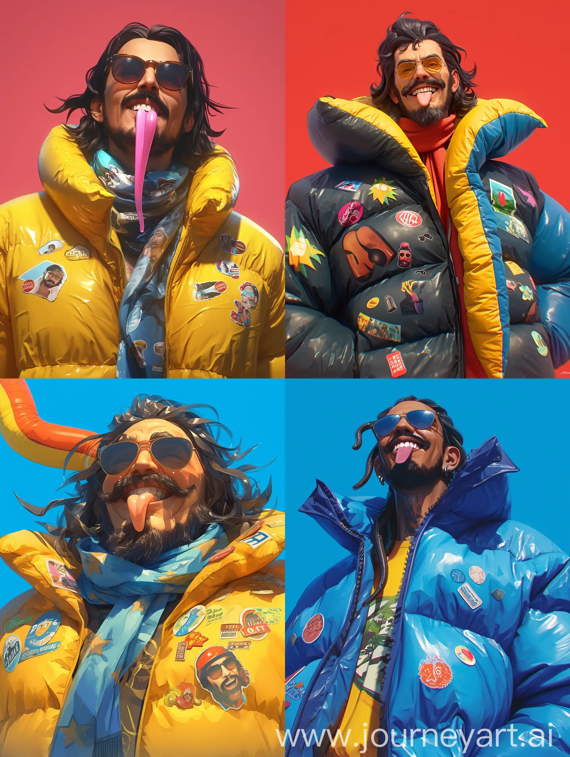 nft smiling crzy che Guevara character wearing oversize puffy jacket with stickers, close up portrait, 3D rendering, bold vibrant colors, solid background, shows long plastic tongue, sunglasses, inflatable scarf --niji 6 --ar 3:4 --s 750