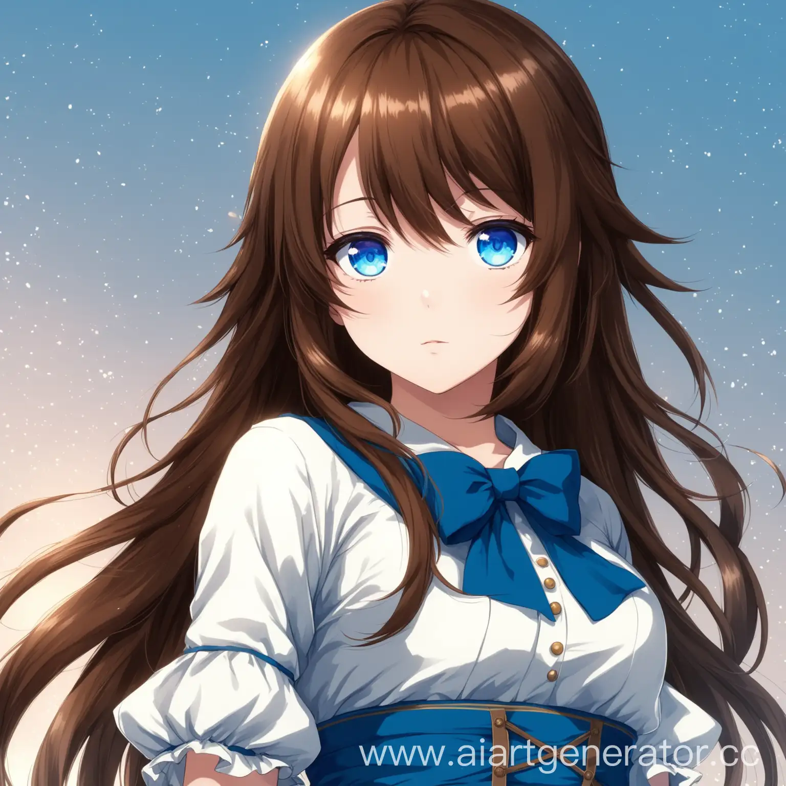 Красивая девушка аниме, с коричневыми волосами до пояса, красивыми Голубыми глазами