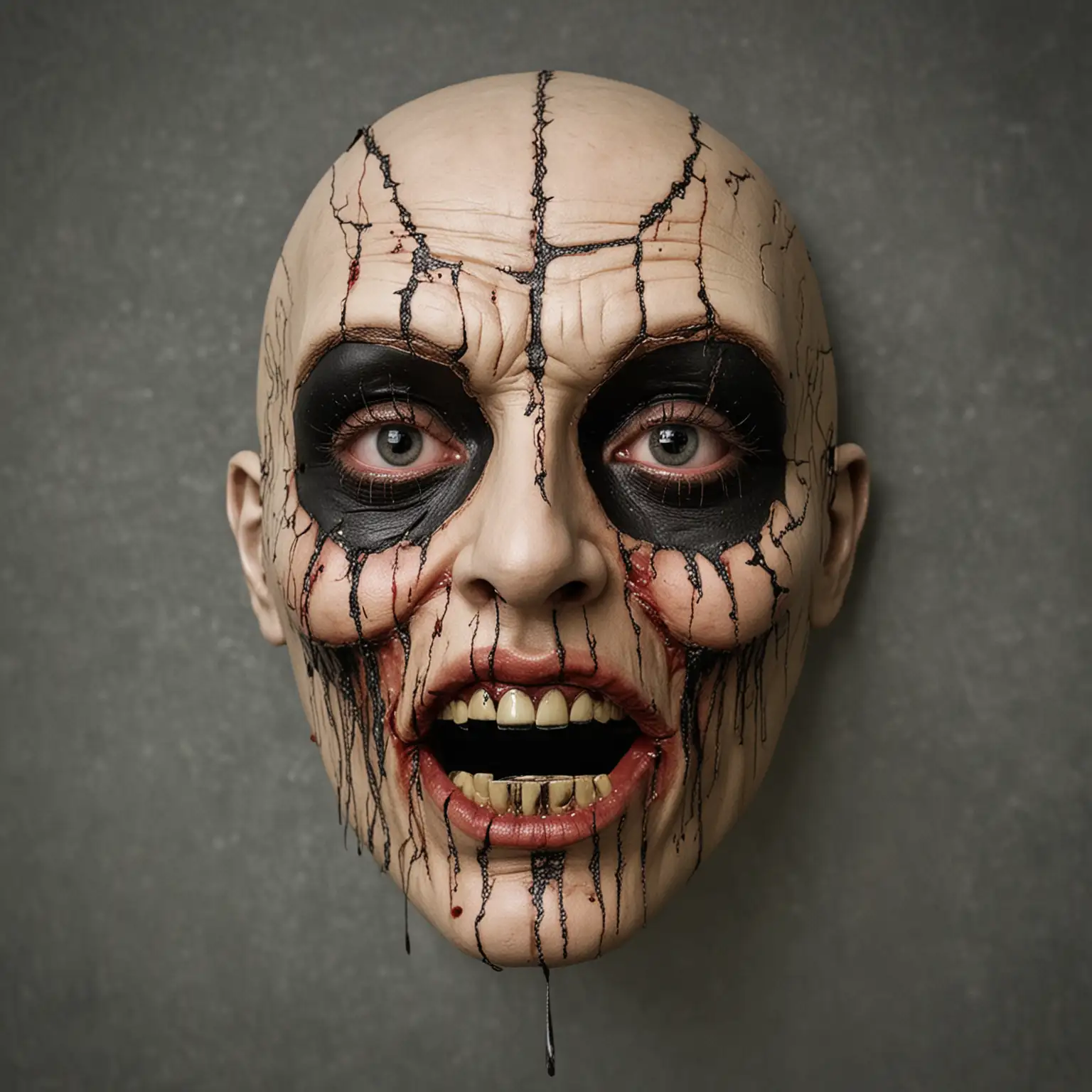 A horror villain with a drama mask, the mask has a crack down the middle. One side of the mask has stitches from the corner of the mouth with a couple tear drops coming from the eye on the same side. 